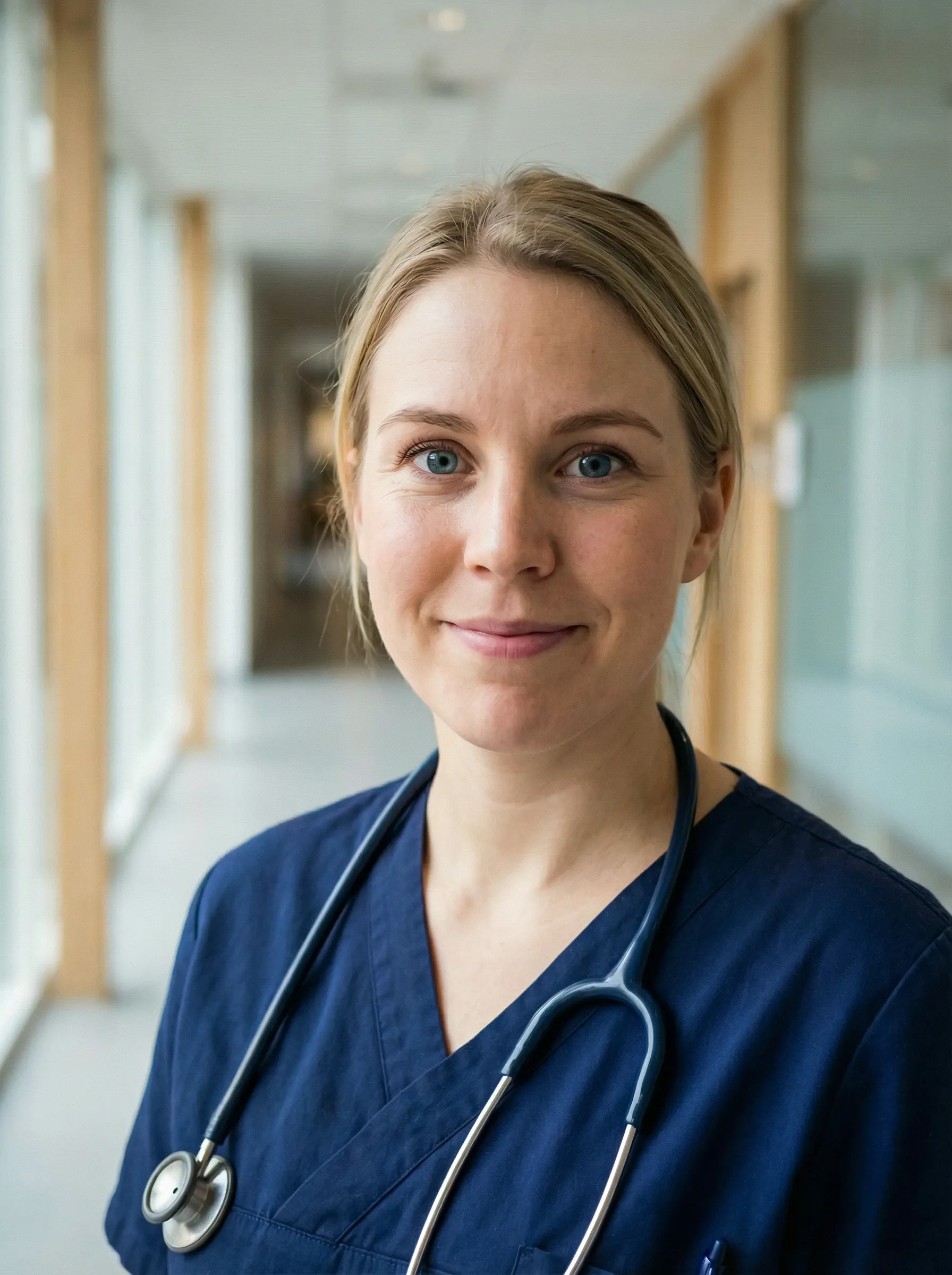 AI nurse headshot — woman in navy scrubs with a stethoscope in a medical hallway